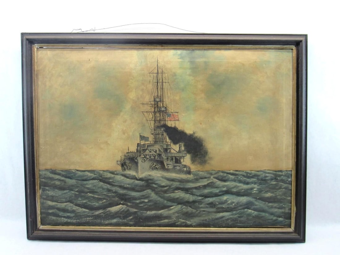 Antique Oil on Canvas Painting of U.S. Battleship: 23" x 33", un-signed, minor paint loss 
