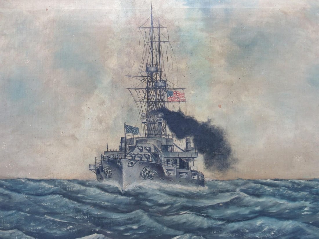 Antique Oil on Canvas Painting of U.S. Battleship - 2