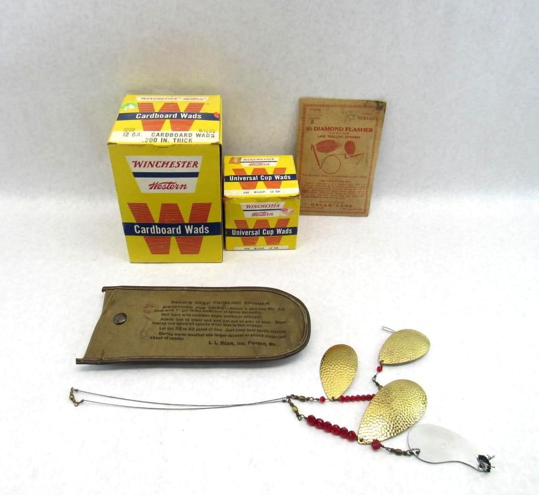 Collectibles Lot: (2) Winchester Wad Boxes; L.L. Bean & Oscar Lane Fishing Spinners 