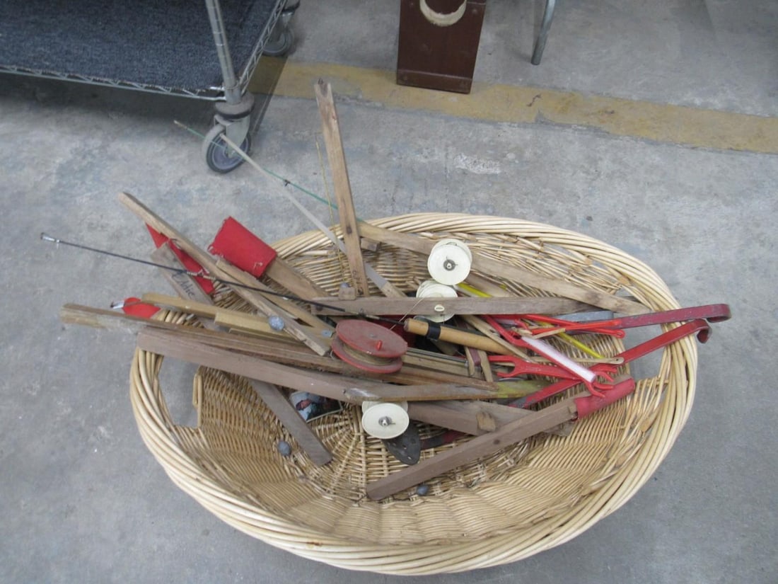 Ice Fishing Equipment & (3) Wicker Creels - 6