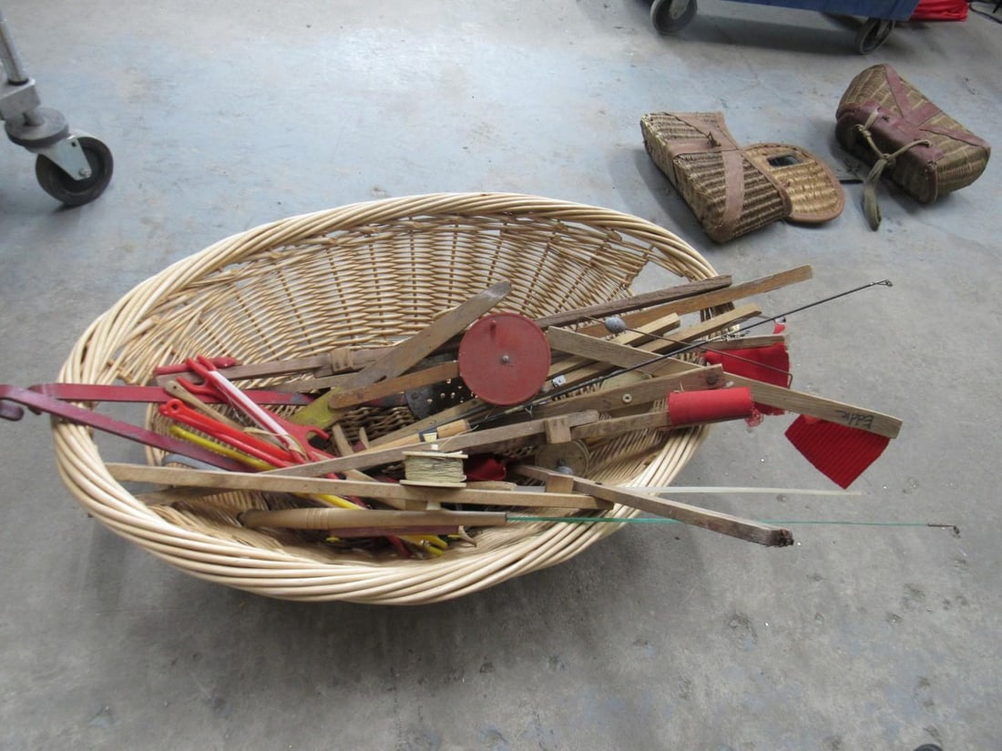 Ice Fishing Equipment & (3) Wicker Creels - 8
