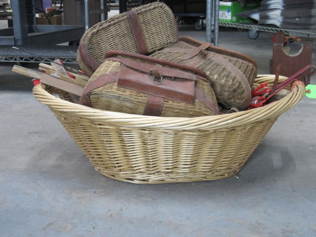 Ice Fishing Equipment & (3) Wicker Creels - 9