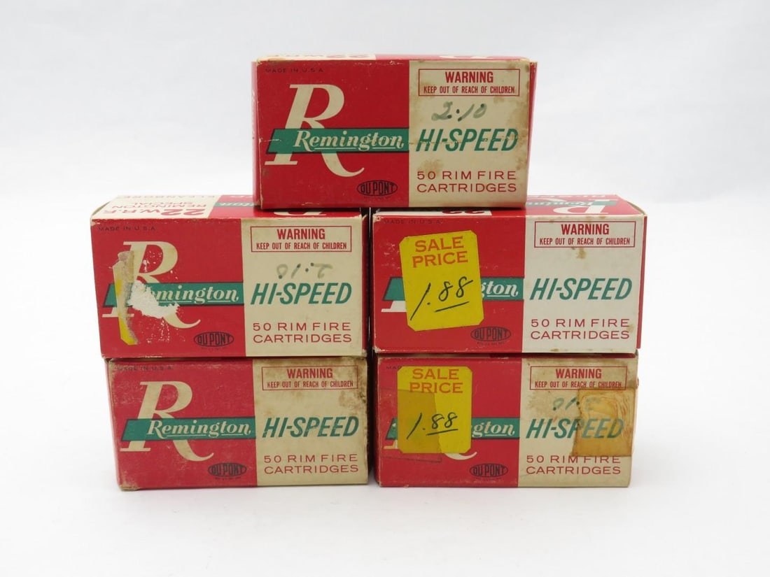 (5) Vintage Boxes Remington Hi-Speed .22 Cartridges: (250+/-) Cartridges, rimfire 