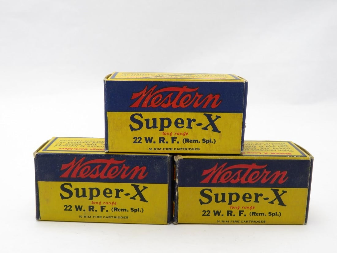 (3) Vintage Boxes Western Super "X" .22 WRF (Rem. Spl.) Cartridges: (150) Cartridges, long range, rimfire 