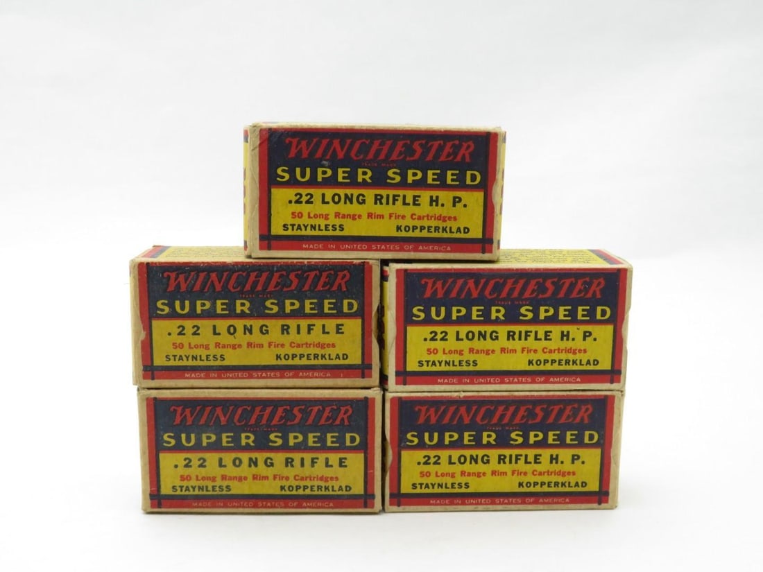 (5) Vintage Boxes Super Speed .22LR Cartridges: (250+/-) K2208R, K2207R, Cartridges, Stainless Copperclad, rimfire 