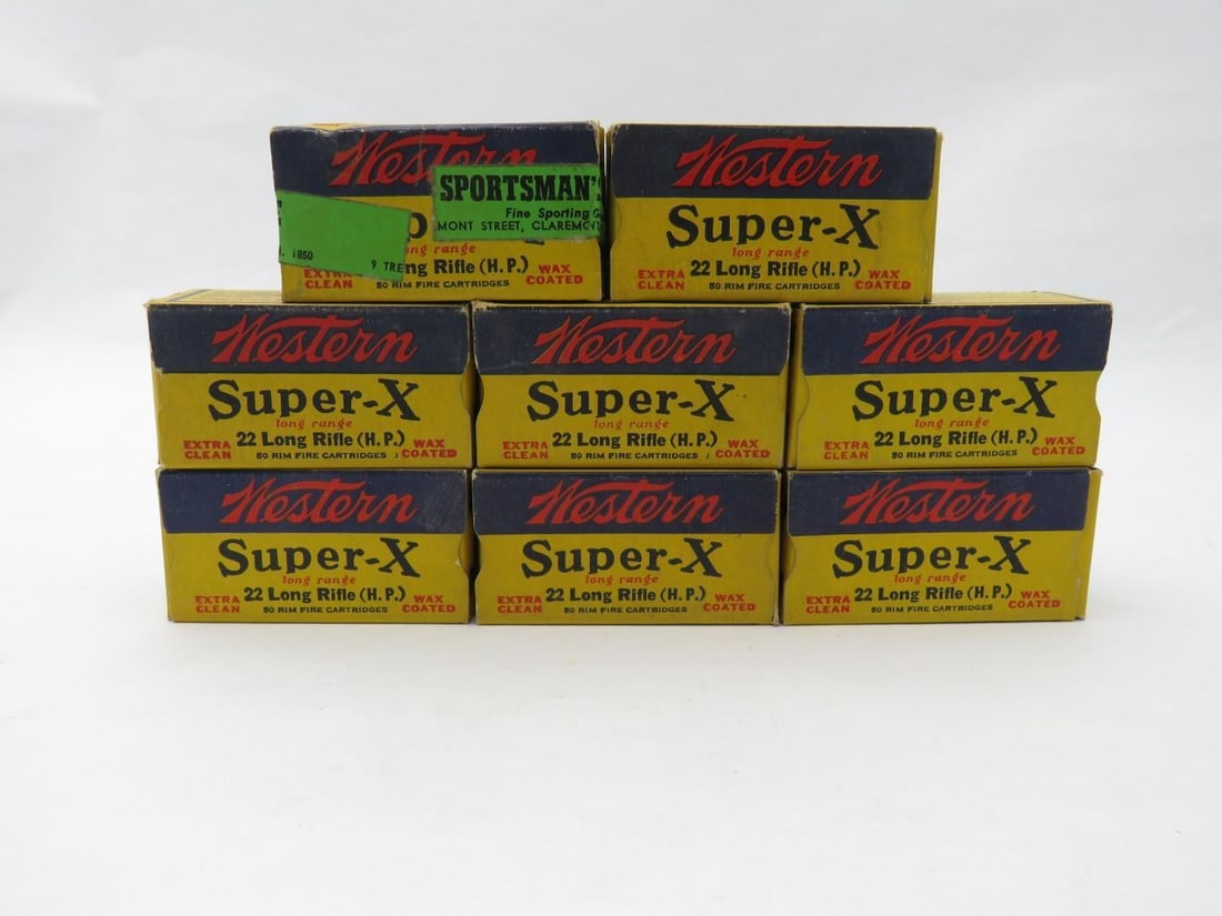 (8) Vintage Boxes Western Super "X" .22LR (H.P) Cartridges: (400+/-) cartridges, extra clean wax coated, rimfire 