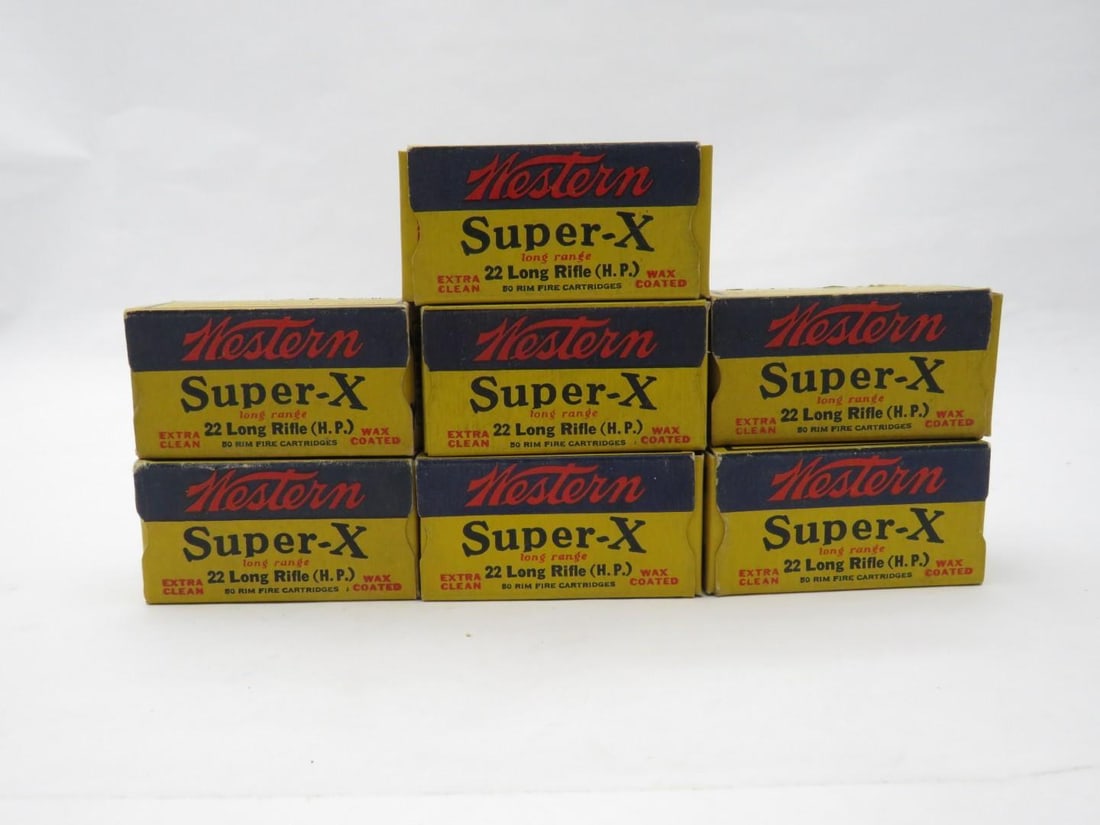 (7) Vintage Boxes Western Super "X" .22LR (H.P) Cartridges: (272+/-) cartridges, extra clean wax coated, rimfire 