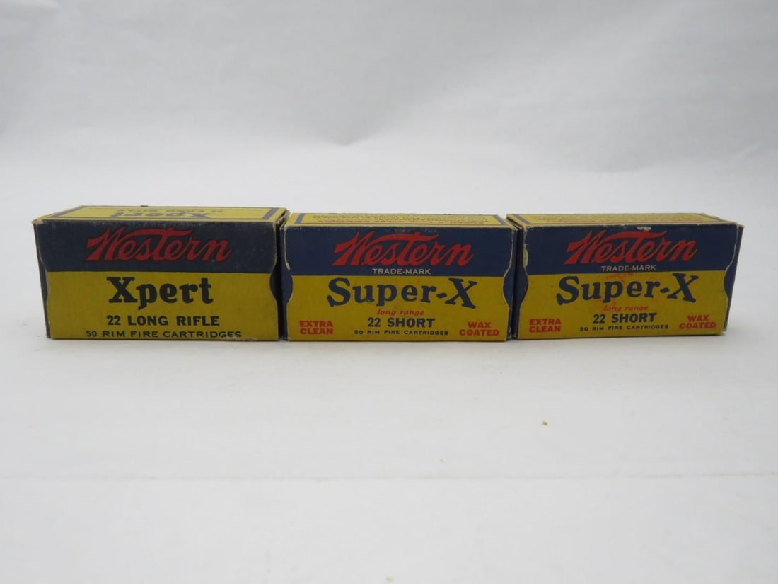 (3) Vintage Boxes Western Super "X" & Expert .22 Cartridges: (2) boxes .22 Shorts, 100 cartridges , (1) box .22 Expert greased, rimfire 