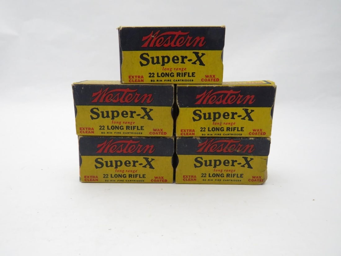 (5) Vintage Boxes Western Super "X" .22 LR Cartridges: (226+/-) Cartridges, extra clean wax coated, rimfire 