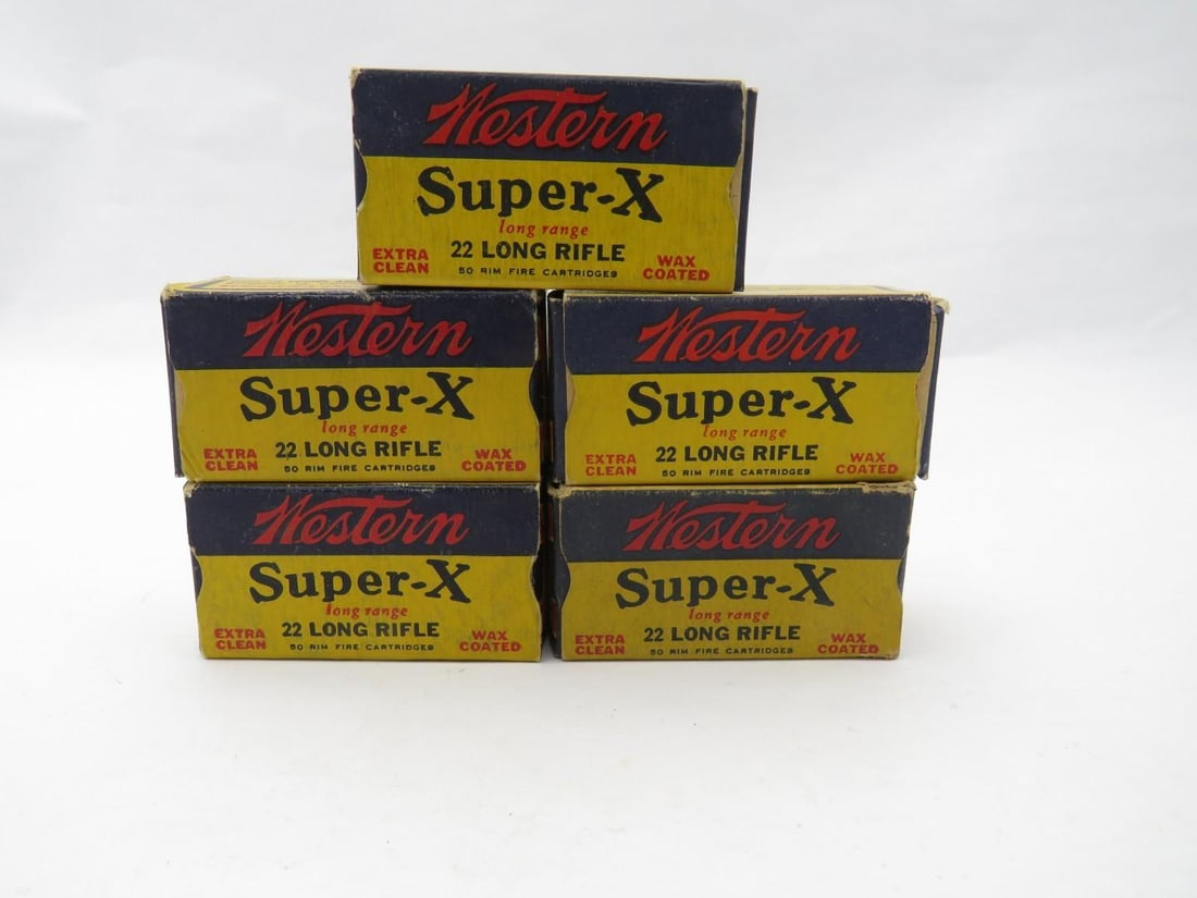 (5) Vintage Boxes Western Super "X" .22 LR Cartridges: (239+/-) Cartridges, extra clean wax coated, rimfire 