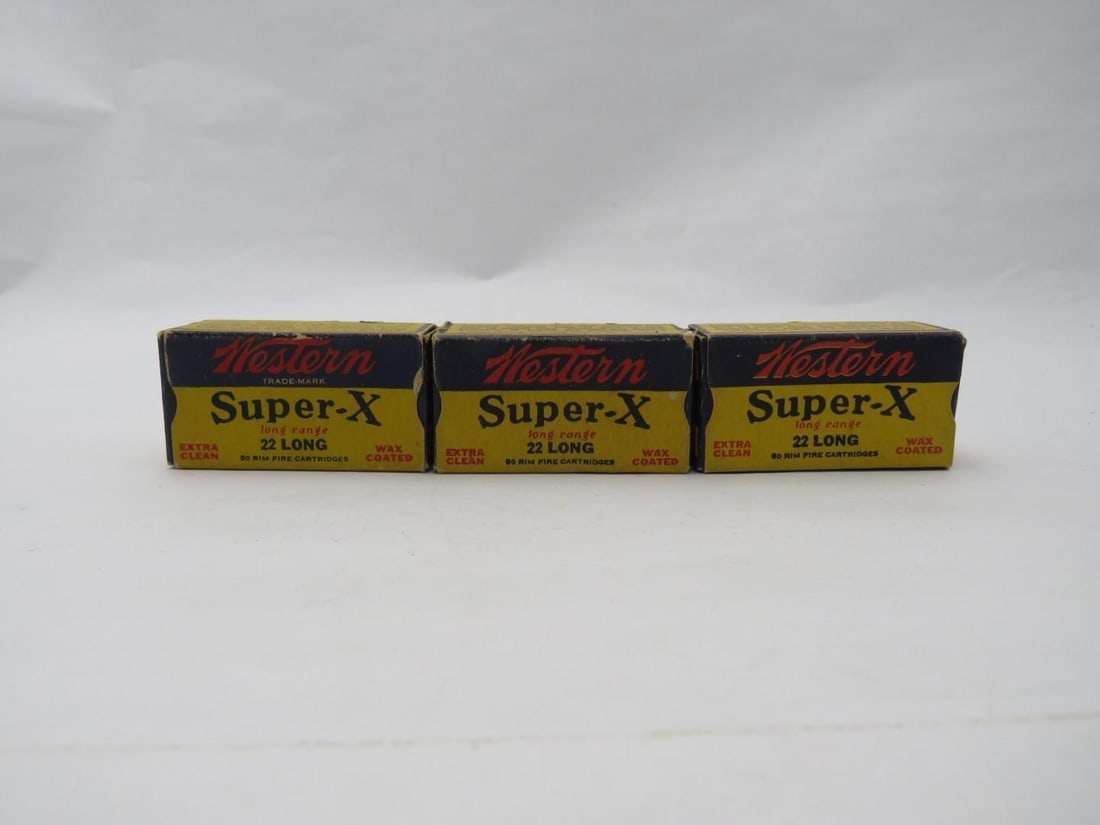 (3) Vintage Boxes Western Super "X" .22 Long Cartridges: (75+/-) Assorted Cartridges, extra clean wax coated, rimfire 