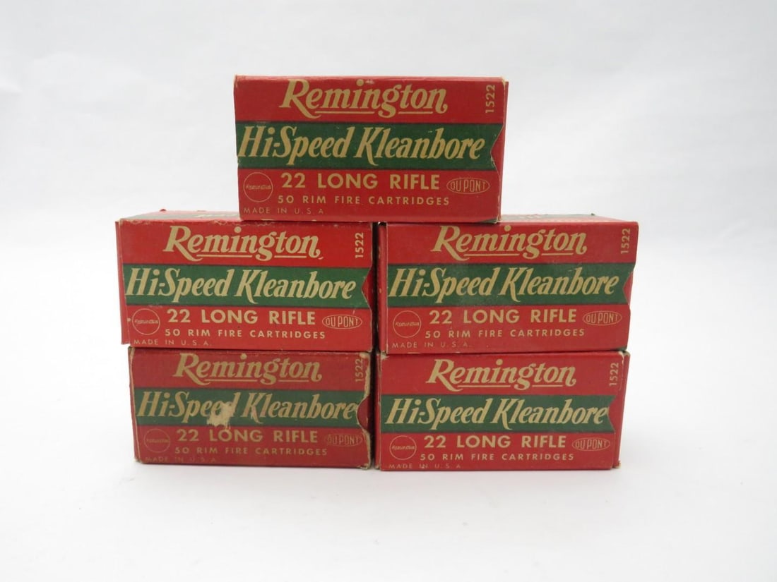 (5) Vintage Boxes Remington Hi-Speed Kleanbore .22 LR Cartridges: (250+/-) Cartridges, Hi-Speed Kleanbore, rim fire 