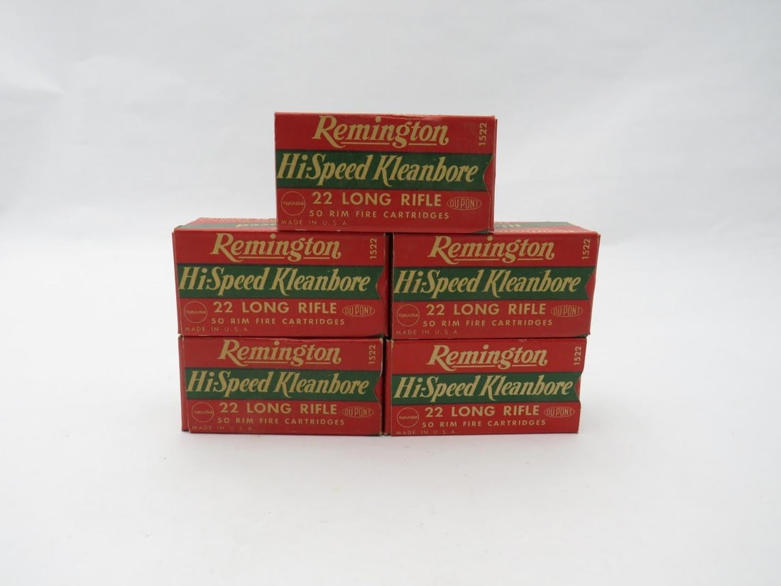 (5) Vintage Boxes Remington Hi-Speed Kleanbore .22 LR Cartridges: (250+/-) Cartridges, Hi-Speed Kleanbore, rim fire 