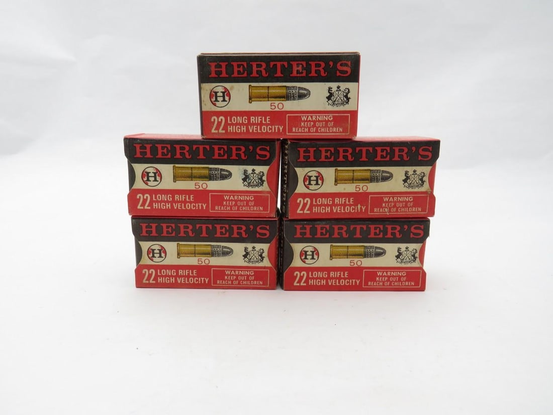 (5) Vintage Boxes Herter's .22 LR High Velocity Cartridges: (250+/-) Cartridges, high velocity, rim fire 