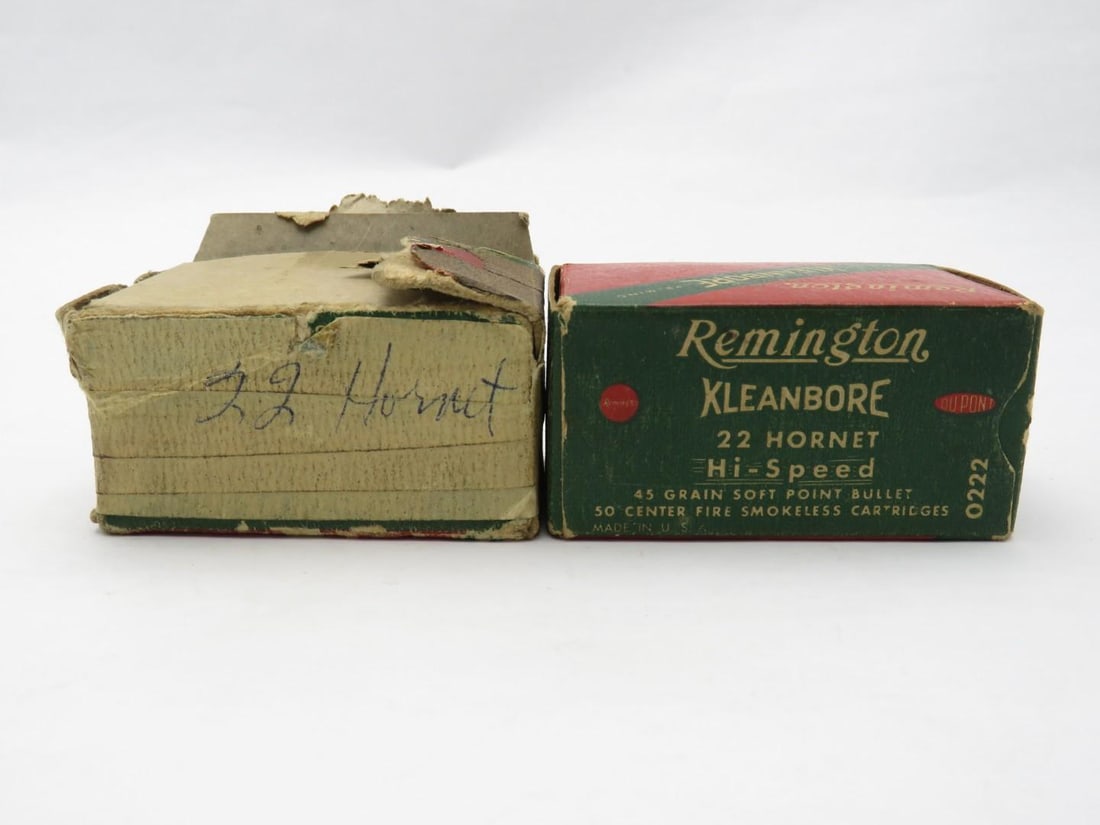 (2) Vintage Boxes Remington Kleanbore .22 Hornet Cartridges: (100) Cartridges, Hi-Speed, rim fire