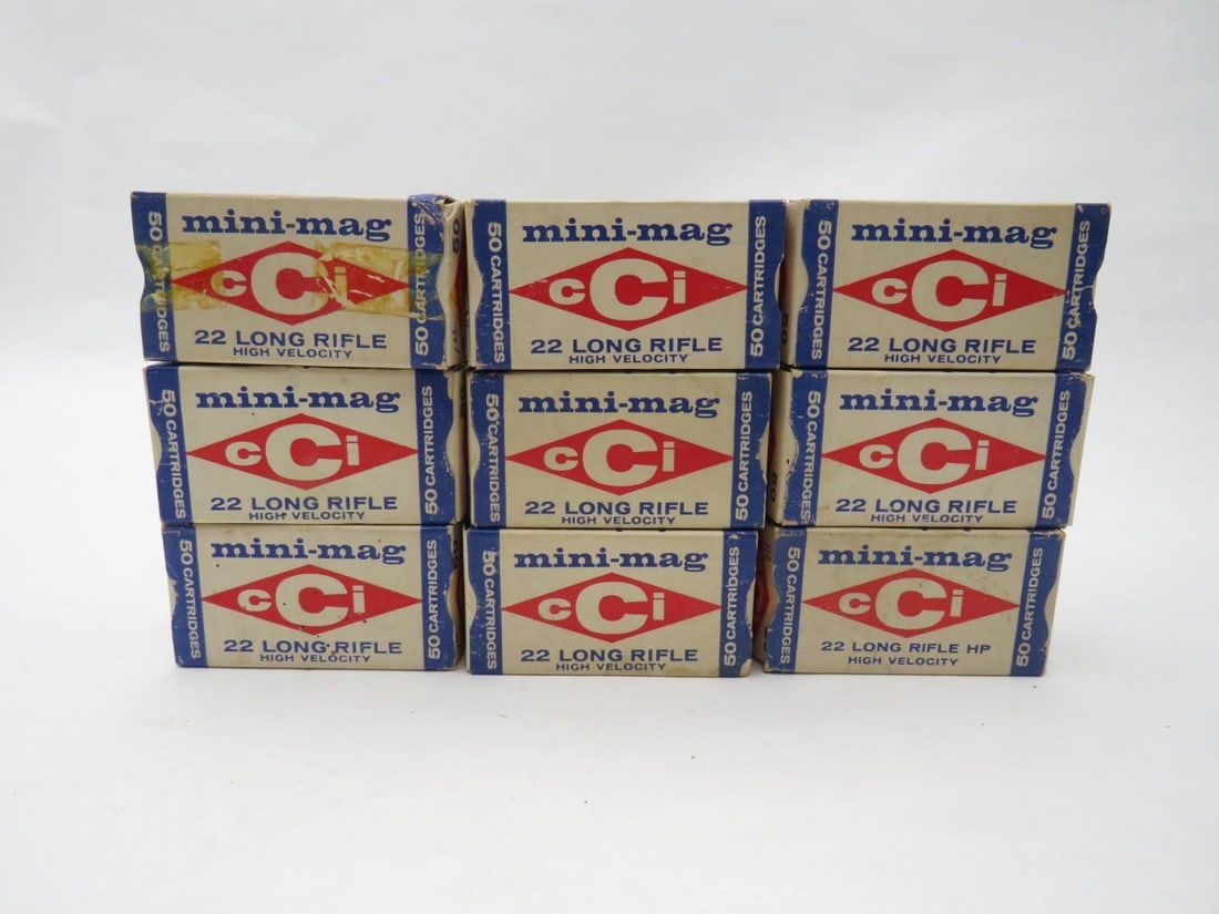 (9) Vintage Boxes Mini-Mag CCI .22 LR Cartridges: (450+/-) Cartridges, High Velocity, rim fire