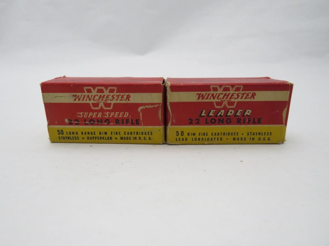 (2) Vintage Boxes .22 Cartridges: (100+/-) Including Winchester Super Speed Stainless Copperclad, Leader Lead Lubricating 