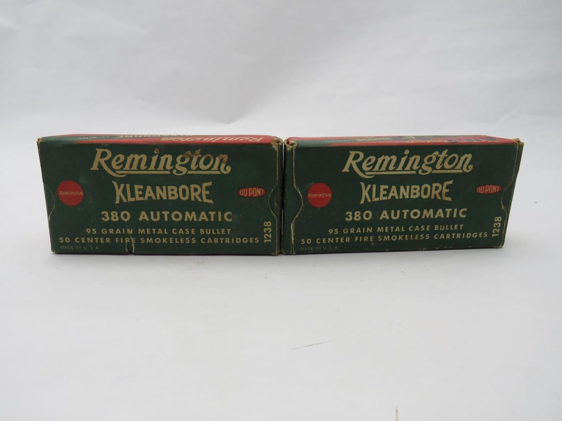 (2) Vintage Boxes Remington Kleanbore 380 Auto Cartridges: (150+/-) Cartridges, 95 Gr. Metal casing
