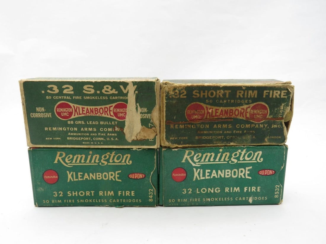 (4) Boxes of Remington .32 Kleanbore Cartridges: Approx. (168+/-) Includes Short/Long rim fire, .32 S&W 