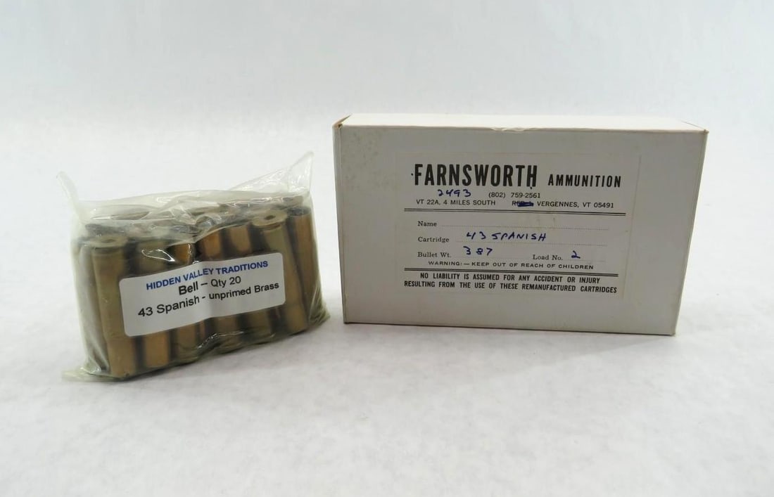 (20) Reloaded .43 Spanish Cartridges: Also Including (20) unprimed brass Casings 