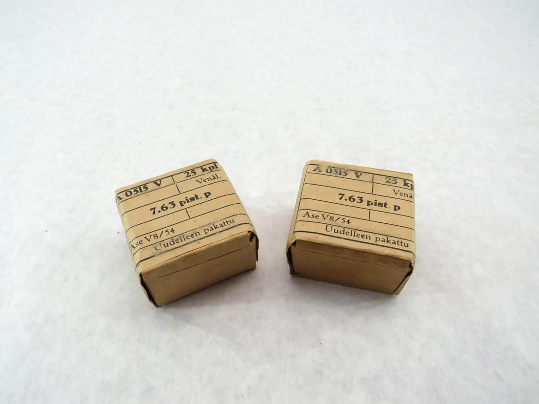 (2) Vintage Boxes Finnish 7.63 Cartridges: Sealed in box, (25) Cartridges per box, Russian produced cartridges and packaged in Finland 