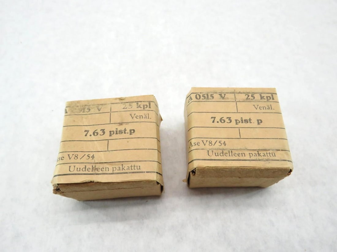 (2) Vintage Boxes Finnish 7.63 Cartridges: (1) Sealed in box, (1) Corner is ripped open but still closed (25) Cartridges per box. Russian produced cartridges and packaged in Finland 