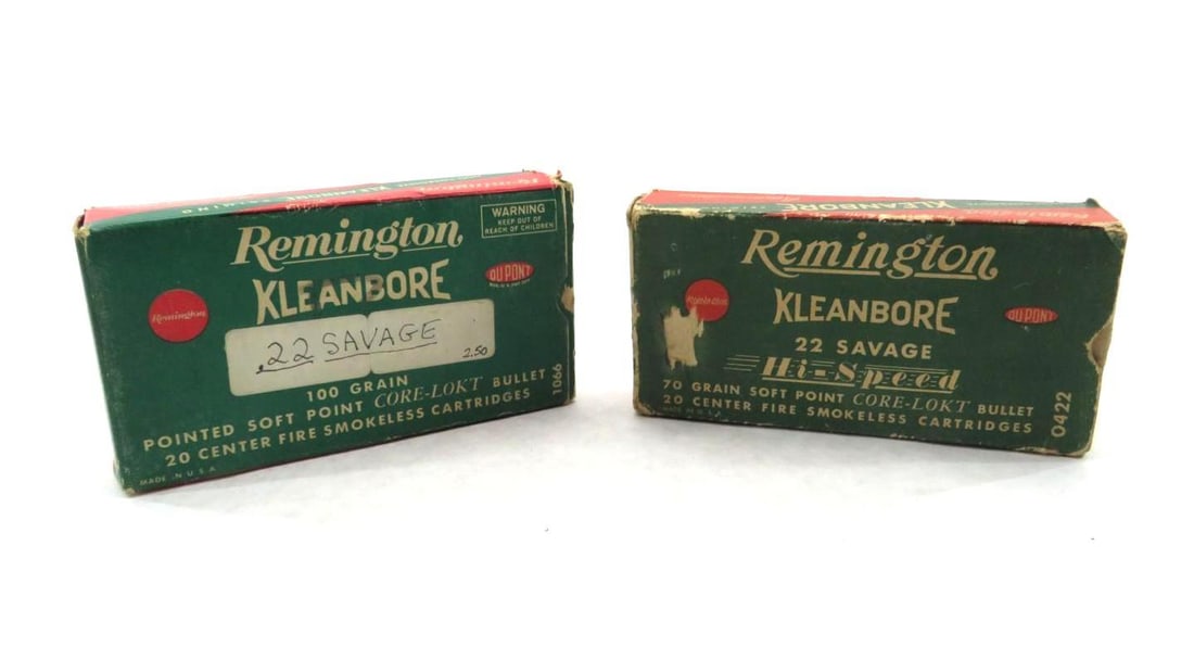 (2) Vintage Boxes Remington Kleanbore .22 Savage Cartridges: (6) .22 Hi Power & (32+/-) brass casings **one box has damage to right end** 