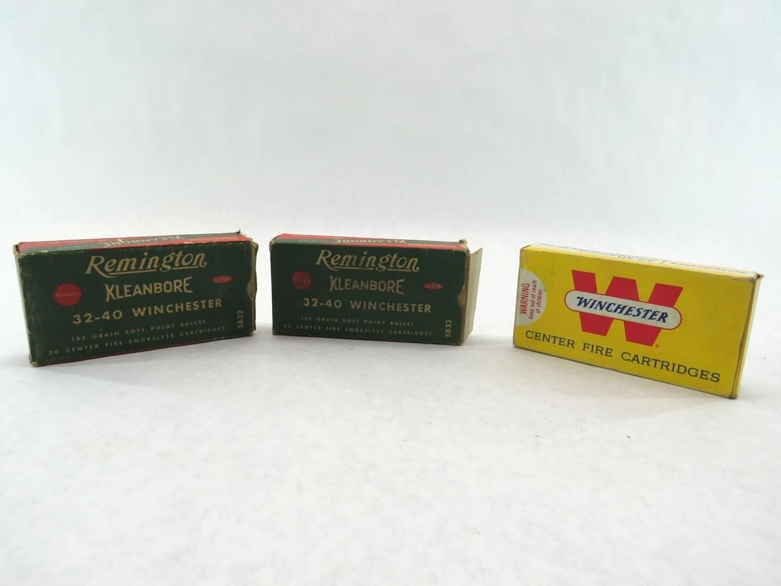 (2) Vintage Boxes Remington .32-40 Winchester Boxes W/ Cartridges: Including (2) Remington kleanbore .32-40 Winchester boxes & (1) Full box of Winchester .32-40 