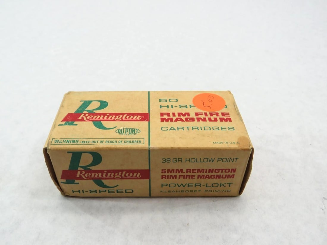 Vintage Box Remington 5mm Cartridges: (28+/-) cartridges, Hi-speed 5mm Magnum, hollow point