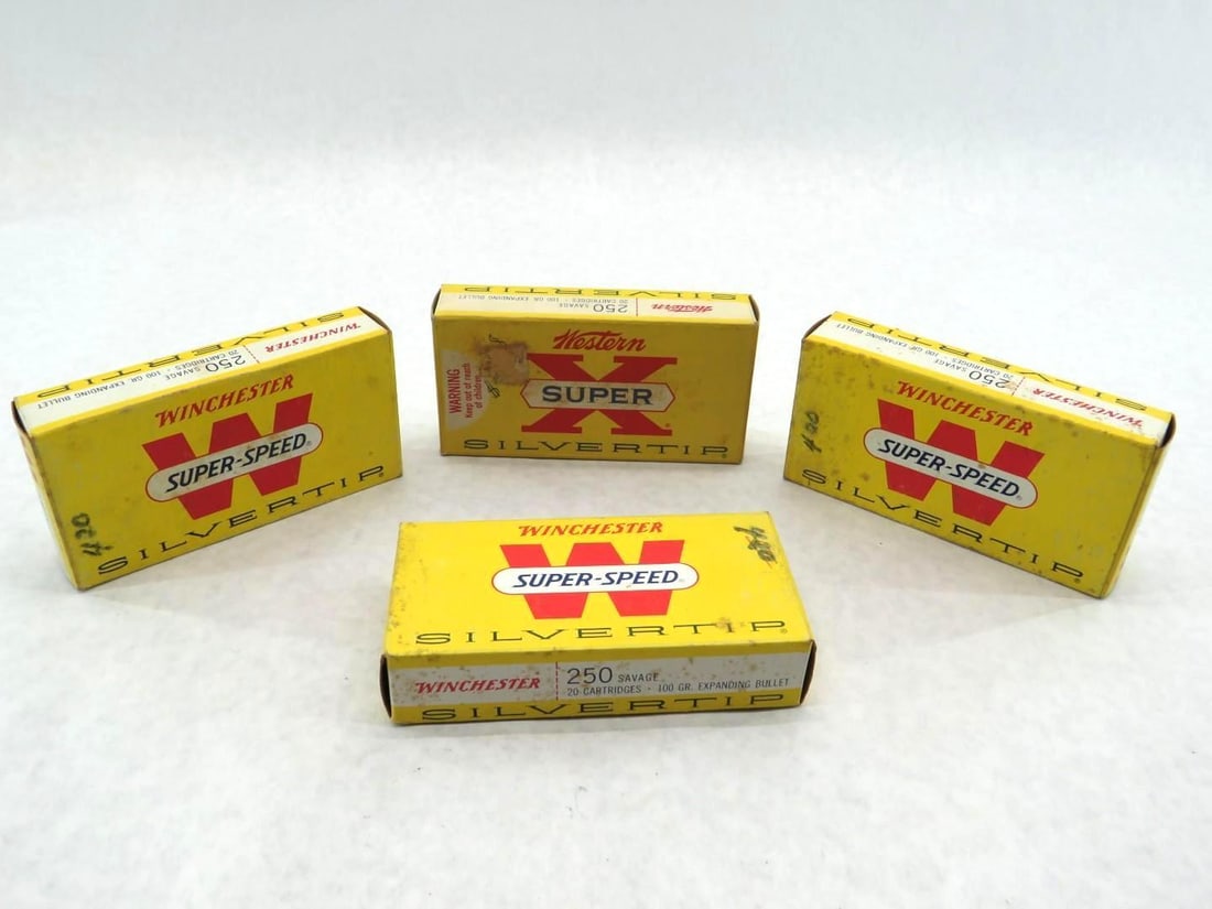 (4) Vintage Boxes Winchester 250 Savage Silvertip Cartridges: (60+/-) Cartridges (11) Brass, Silver Tip, Expanding bullet 