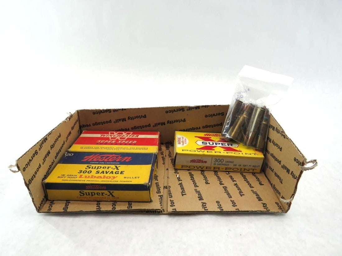 (3) Vintage Boxes Winchester 300 Savage Cartridges: (16) Cartridges, (40) Brass