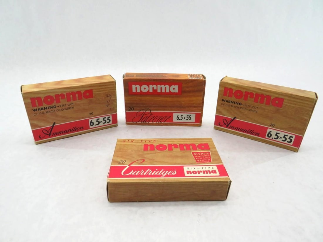 (4) Boxes of Norma 6.5 x 55 Cartridges: (3) Full boxes, (1) partial. 156 Gr. soft point round nose 