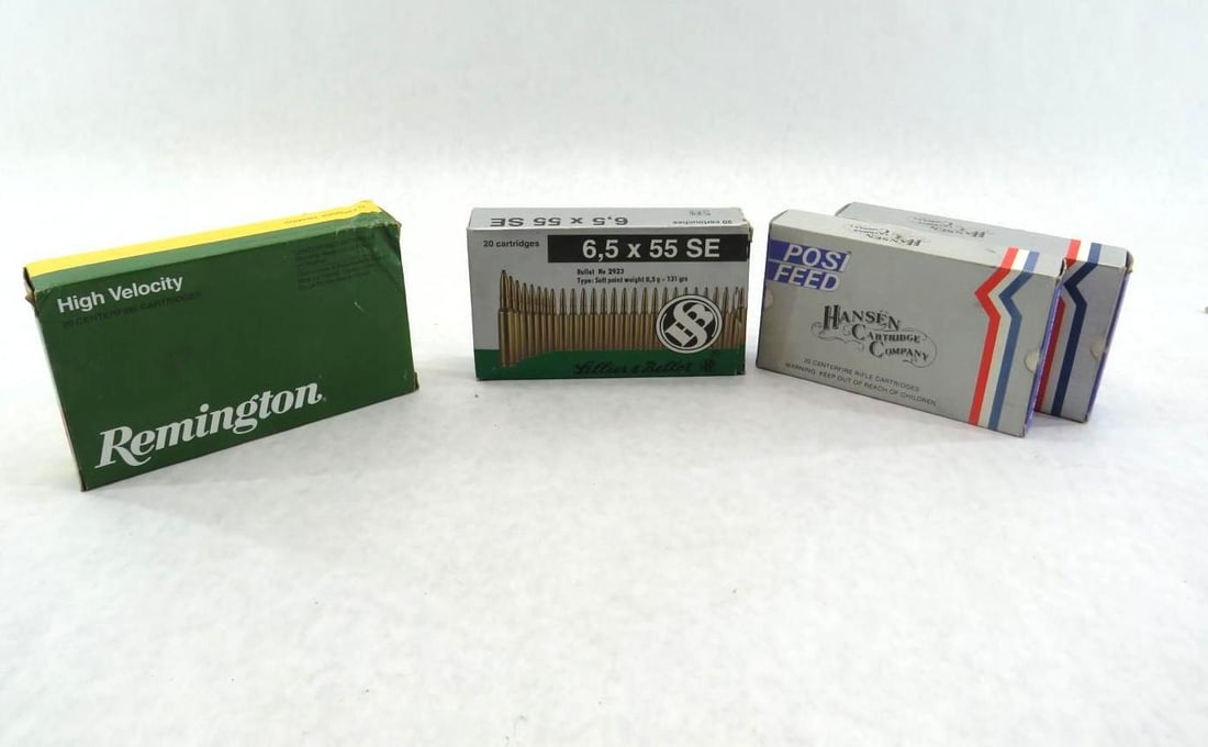(4) Boxes of Assorted 6.5 x 55 Cartridges: Including Remington, Hansen Cartridge Co., Lellien & Bellot 