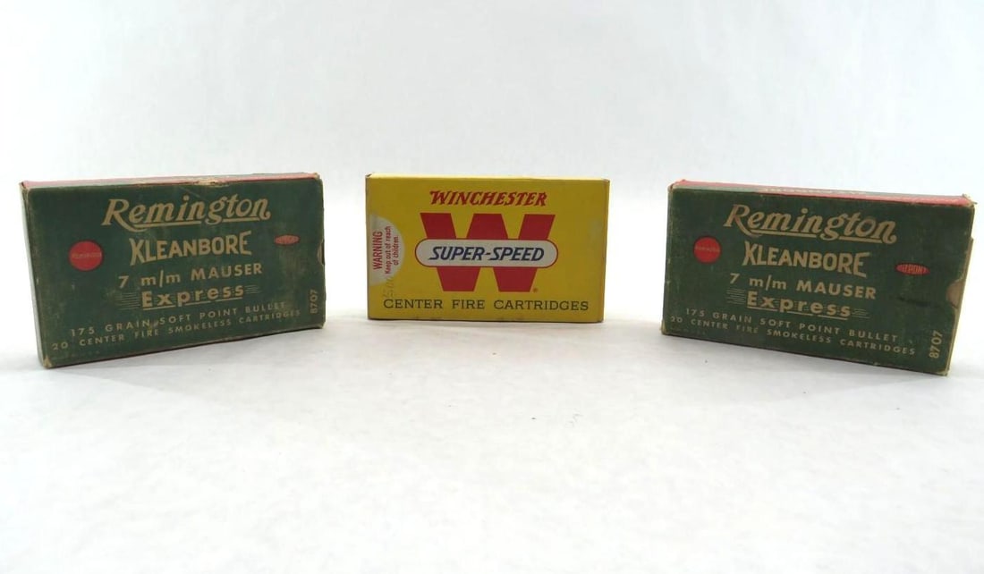 (3) Vintage Boxes 7mm Mauser Cartridges: (51+/-) Cartridges, Including (2) Remington Kleanbore 7mm Express & (1) Winchester Super Speed 7mm **Remington boxes have damage on left side** 