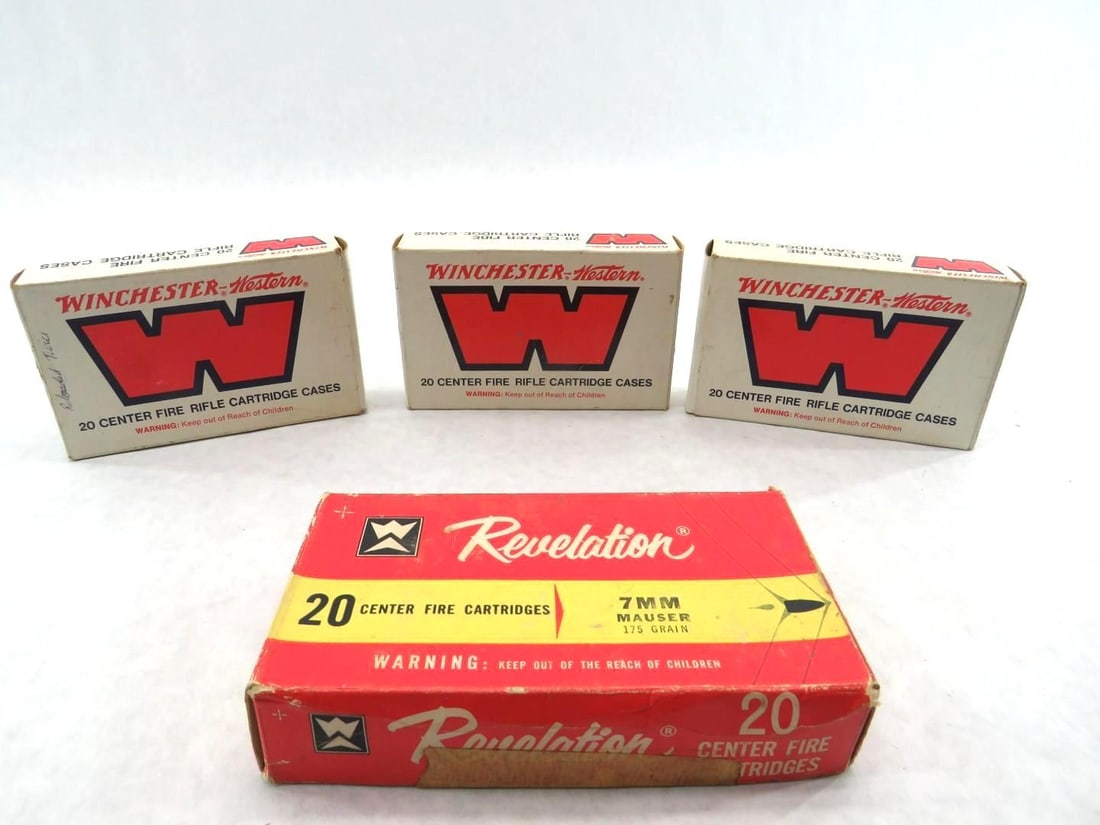 (3) Vintage Winchester-Western 7mm Mauser Boxes: Includes (65+/-) Brass casings, W/ Revelation 7mm Mauser Box **Revelation box is damaged** 