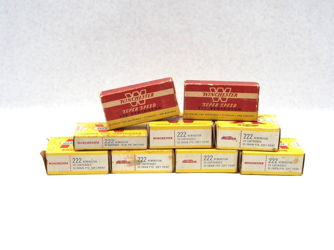 (9) Vintage Boxes Winchester .222 Remington: (28) Cartridges & (112) brass casings