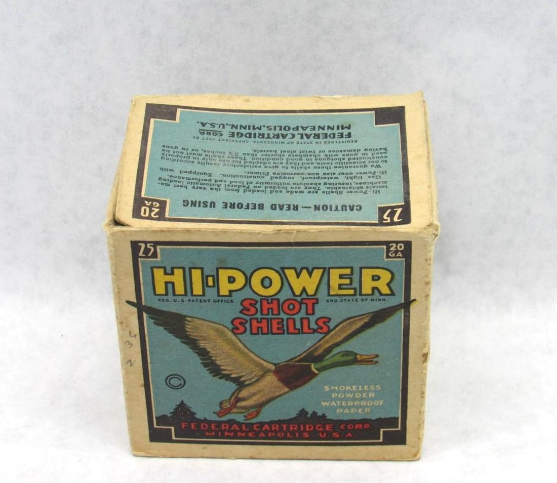 Vintage Federal Hi-Power Shotshell Mallard Duck Collectible Box: 20 gauge, W/ (8) paper shells