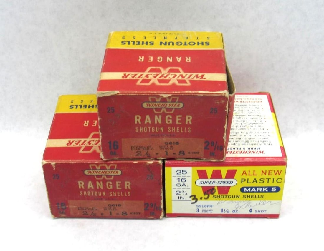 (3) Boxes Winchester 16 Ga. Shotgun Shells: 55 shells total; (2) Boxes are Vintage Rangers Shotgun Shells 