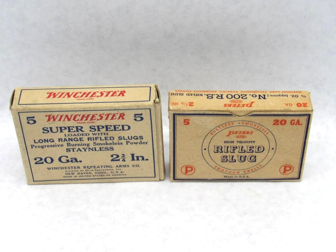 (2) Vintage Boxes 20 Ga. Rifled Slug: Peters 2.5", Winchester 2.75" 