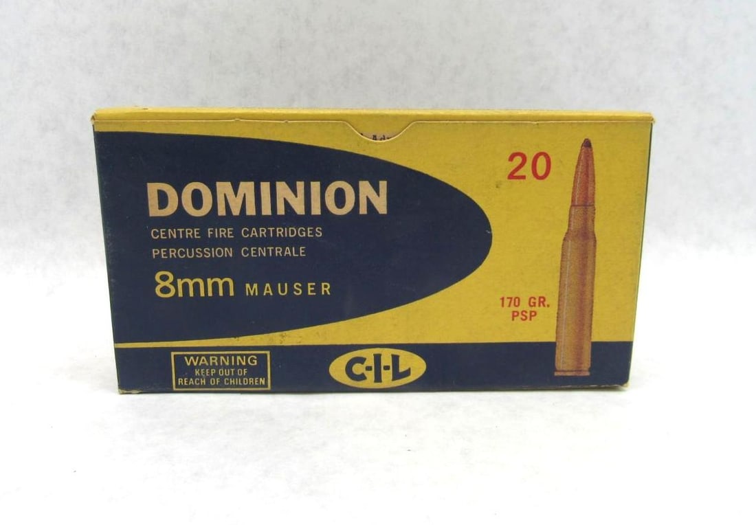 Vintage Box Dominion 8mm Mauser Cartridges: 20rds 
