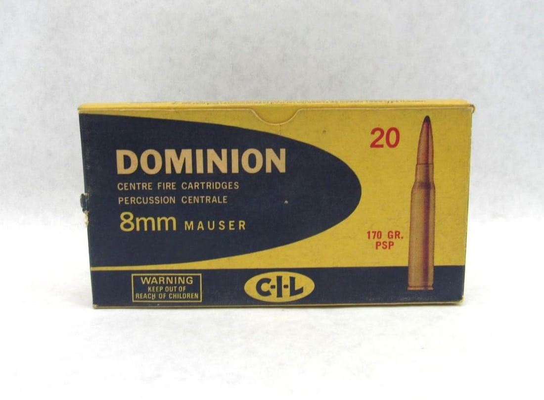 Vintage Box Dominion 8mm Mauser Cartridges: 20rds 