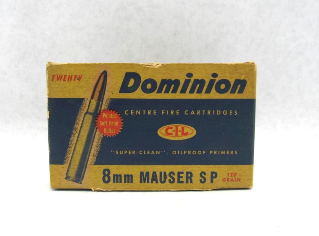 Vintage Box Dominion 8mm Mauser Cartridges: 19rds 
