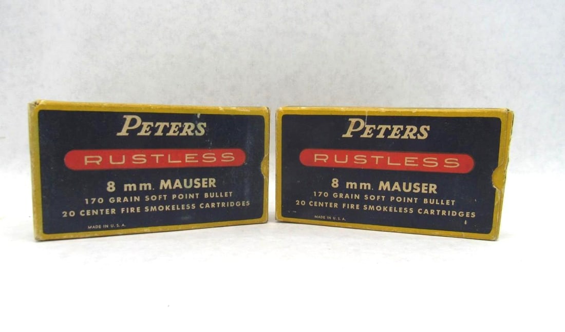 (2) Vintage Peters Boxes Rustless 8mm Mauser Cartridges: 40rds 