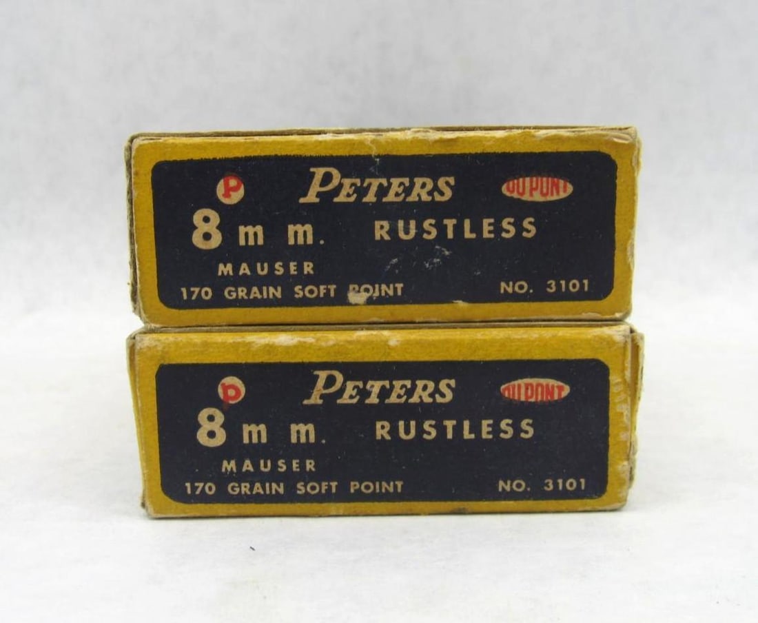 (2) Vintage Peters Boxes Rustless 8mm Mauser Cartridges - 2