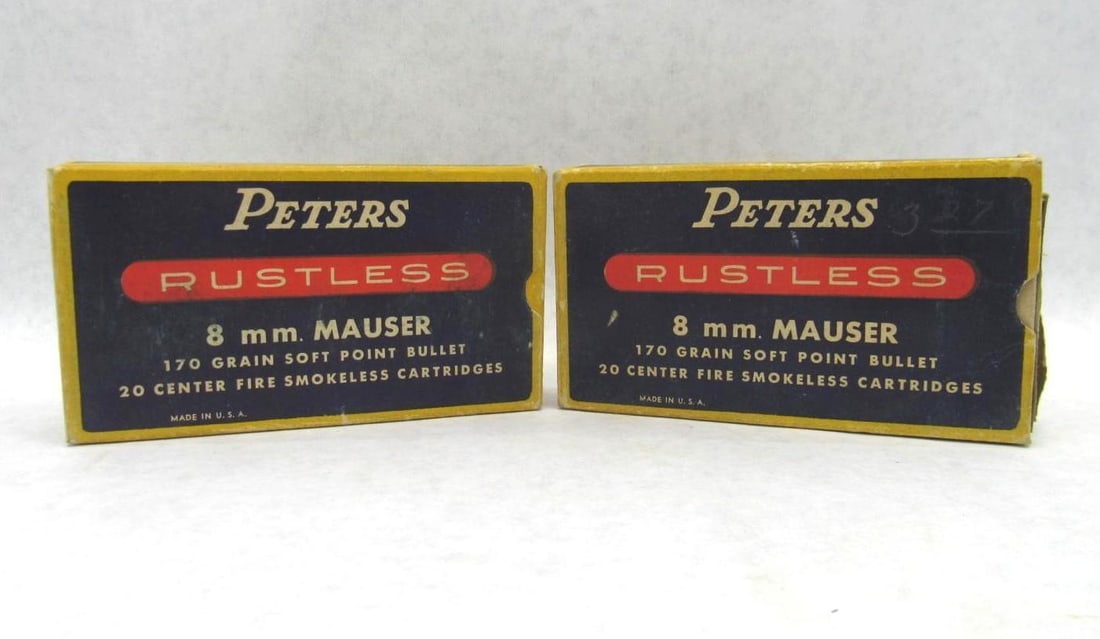(2) Vintage Peters Boxes Rustless 8mm Mauser Cartridges: 40rds, damaged box 