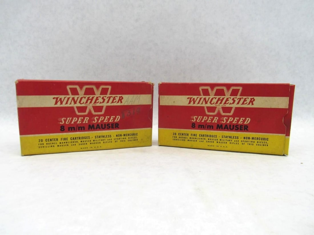 (2) Vintage Winchester Boxes 8mm Mauser Super Speed Cartridges: 40rds 