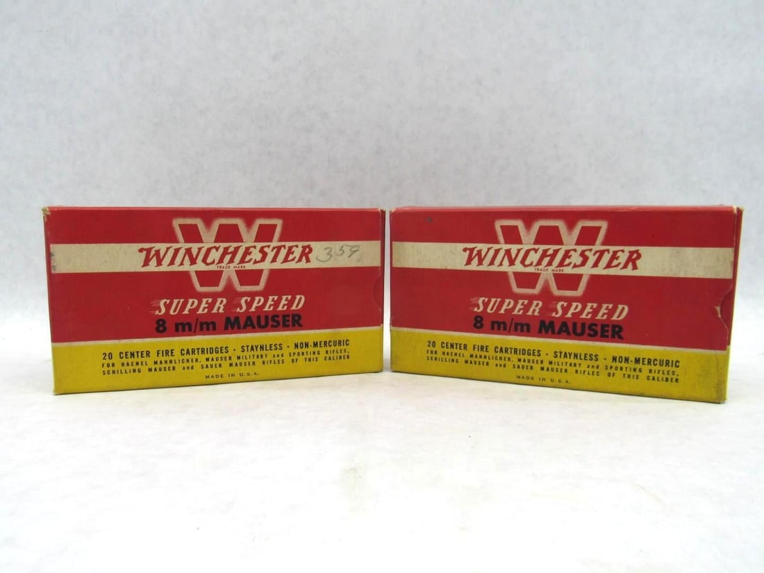 (2) Vintage Winchester Boxes 8mm Mauser Super Speed Cartridges: 40rds 