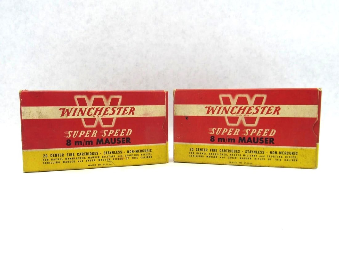 (2) Vintage Winchester Boxes 8mm Mauser Super Speed Cartridges: 40rds 