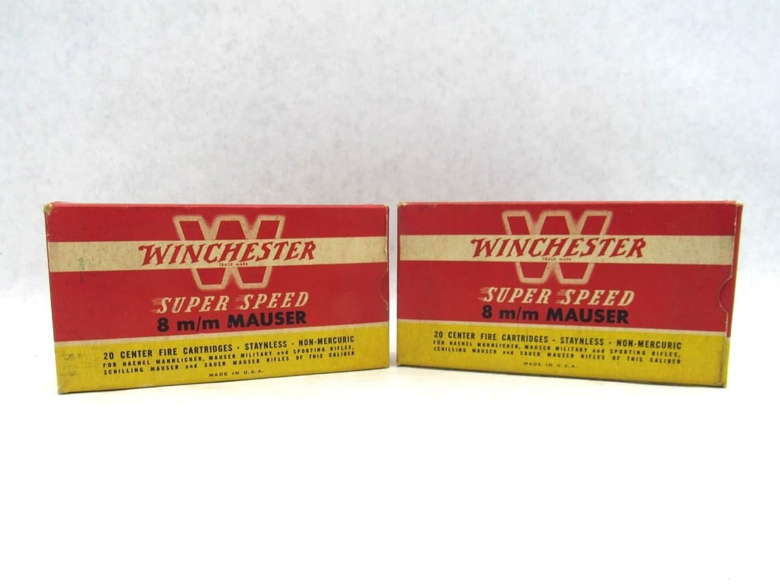 (2) Vintage Winchester Boxes 8mm Mauser Super Speed Cartridges: 40rds 