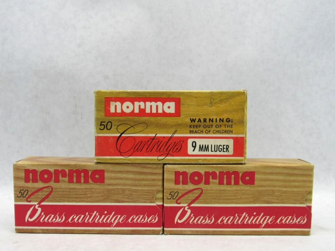 (3) Vintage Norma Boxes 9mm Luger Cartridges: 50rds, 100 Brass 